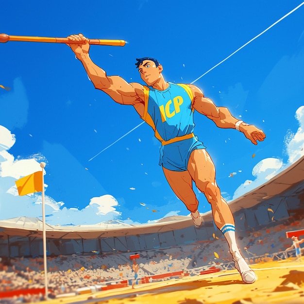 Vector a rome boy throws a javelin in cartoon style