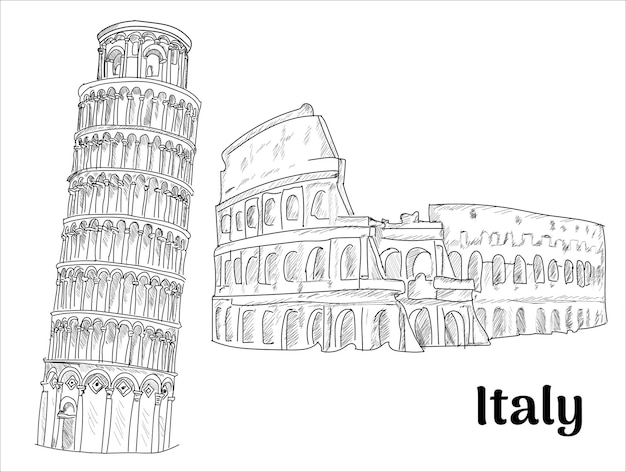 ベクトル ローマ、イタリアのコロッセオ。ピサの塔手描きのスケッチ ベクトル図