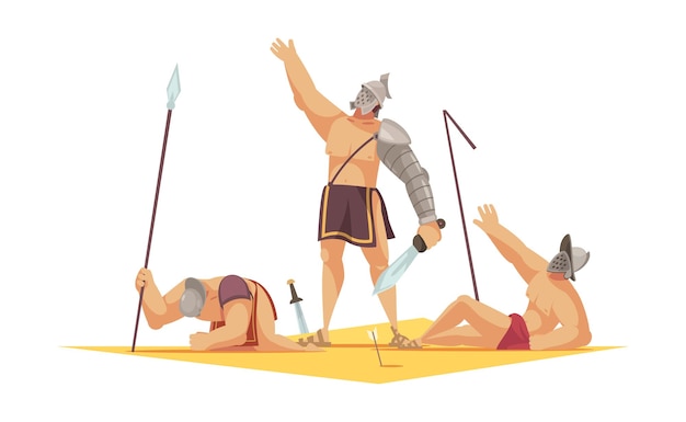 Romeinse gladiator cartoon compositie met winnaar en twee verliezers liggend op de grond