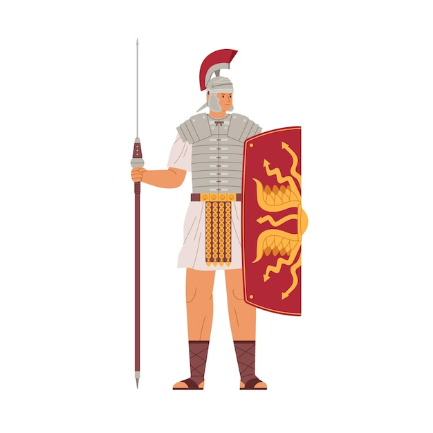 Romeinse krijger gepantserd met speer en schild. Oude legioensoldaat in mohawk-helm. Gepantserde man uit Rome. Platte vectorillustratie van gladiator met wapen geïsoleerd op een witte achtergrond