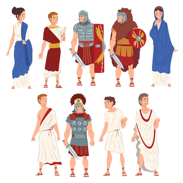 Romeinse mensen in traditionele kleding Collectie Oude Romeinse burgers en legionnaires Personages Vectorillustratie