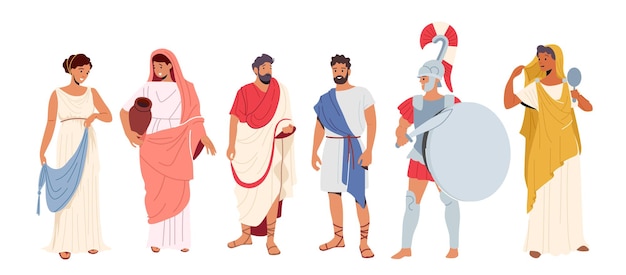 Romeinse mensen in traditionele kleding, oude Romeinse burger mannelijke en vrouwelijke karakter in tuniek en sandalen historische kostuums, gladiator geïsoleerd op een witte achtergrond. Cartoon vectorillustratie