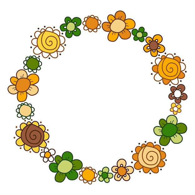 Rond bloemenframe op een transparante achtergrond. Oranje, groene, bruine tinten. Vector afbeelding.