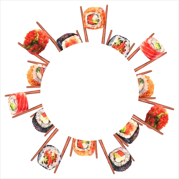 Rond frame met aquarel Japans eten. Handgetekende illustratie van sushi, maki, broodjes.