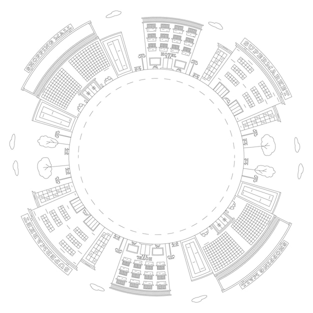 Rond frame met een tekening van een stadslandschap gemaakt in de stijl van lijntekeningen Element voor het maken van een logo of embleem Bewerkbare lijn