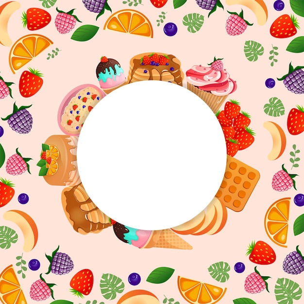 Rond frame met snoep, gebakjes, bessen en fruit voor uw ontwerp op een roze achtergrondvector