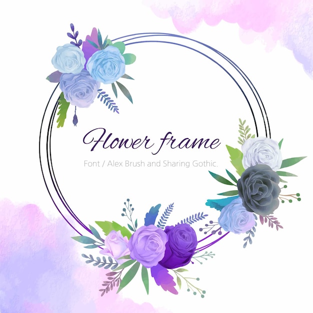 Vector rond frame van blauwe en paarse rozen.