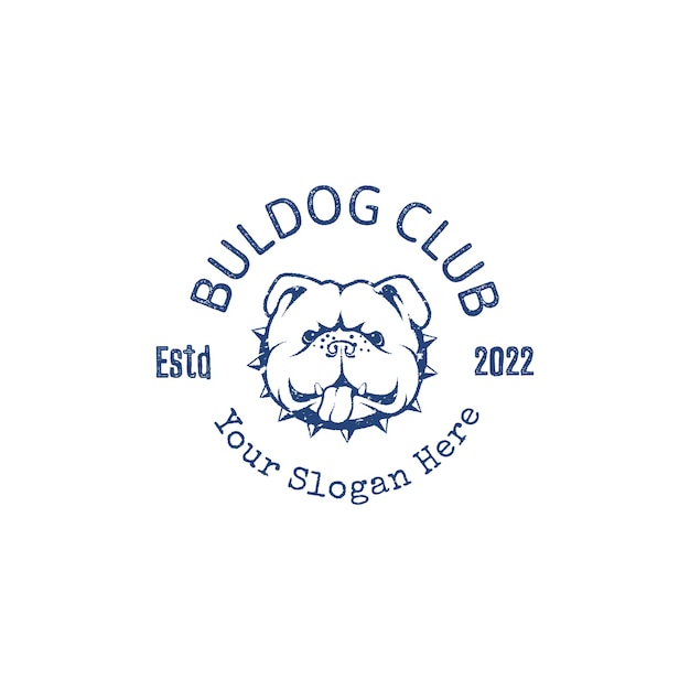 Rond logo van de Bulldog Club. Donkerblauw in vintage ruwe stijl.