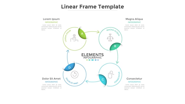 Rond schema of cyclische grafiek met 4 cirkelvormige frames verbonden door pijlen. Concept van vier stappen of stadia van bedrijfsproces. Lineaire infographic ontwerpsjabloon. Vectorillustratie voor banner.