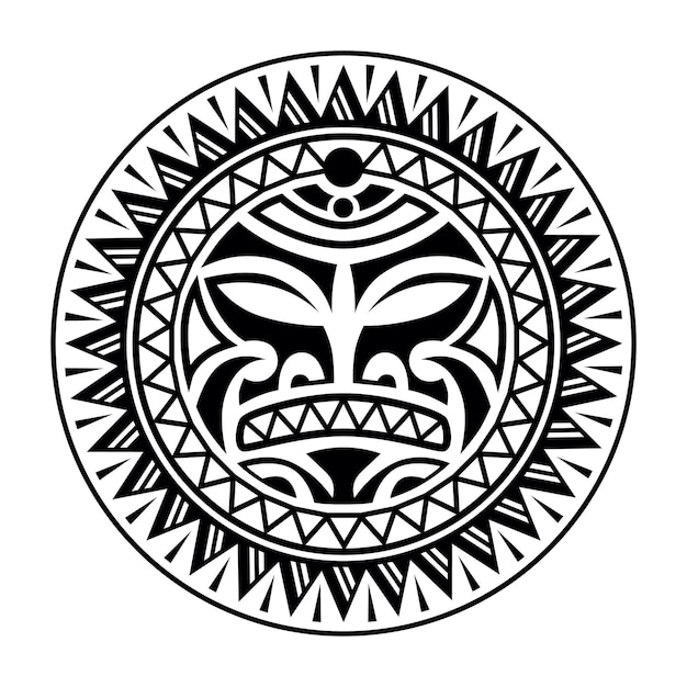 Rond tattoo-ornament met zongezicht Maori-stijl Afrikaanse Azteken of Maya-etnisch masker Zwart en wit