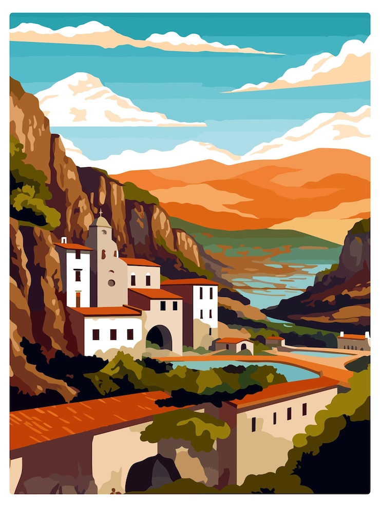 Vector ronda spain vintage travel poster souvenir postcard portrait painting wpa illustration