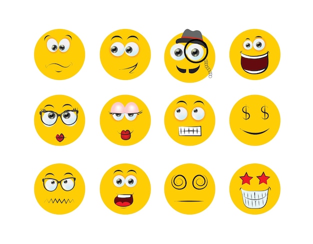 Ronde abstracte strip Gezichten met verschillende emoties Cartoon tekenstijl Verschillende kleurrijke karakters Plat ontwerp Hand getekend trendy vectorillustratie