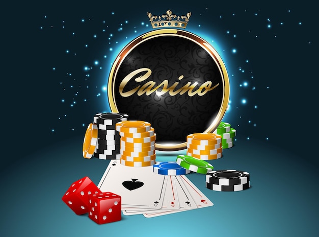 Ronde casino gouden frame met kroon, stapel pokerfiches, aaskaarten en rode dobbelstenen op lichteffect vonken achtergrond. online clubembleem.