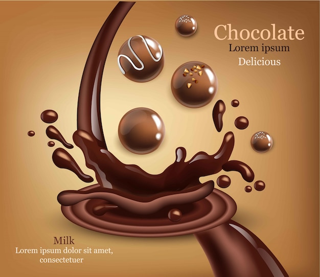 Ronde chocolaatjes met splash vector realistisch. gedetailleerde 3d illustratie mock-up sjablonen