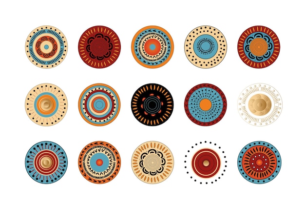 Ronde elementen en pictogrammen ornamenten in oosterse of Afrikaanse stijl Vector kleurrijke illustratie set voor design