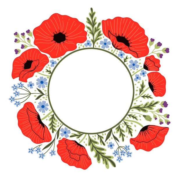 Vector ronde frame met rode papaver en andere bloemen op een witte achtergrond vectorgrafiek