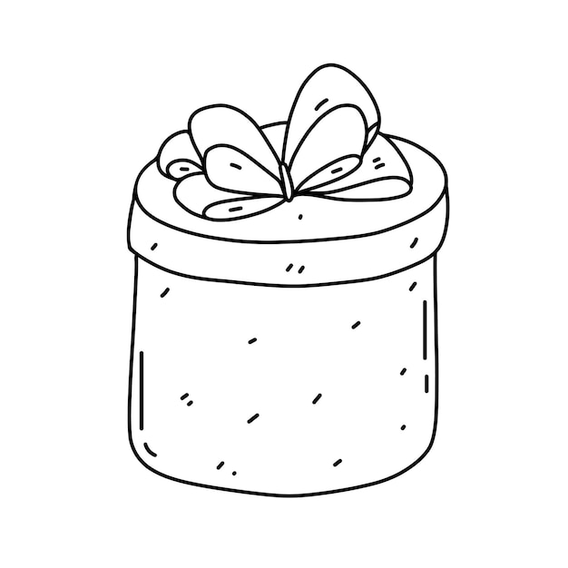 Ronde geschenkdoos in doodle stijl met lint Leuke huidige doos geïsoleerde vectorillustratie