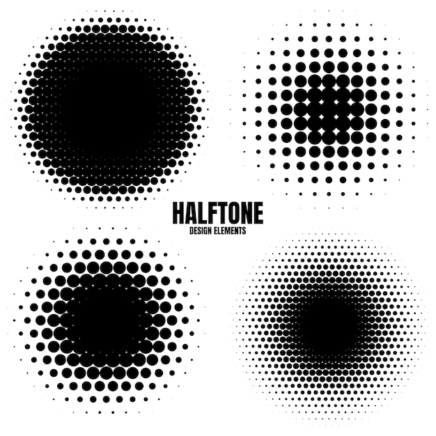 Ronde halftone ontwerpelementen met zwarte stippen geïsoleerd op witte achtergrond komische stippelmodel