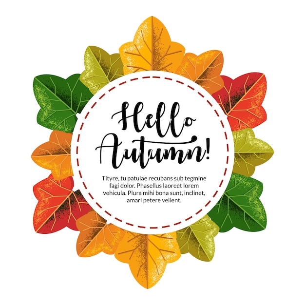Ronde kleuren bladeren met tekst Hallo herfst