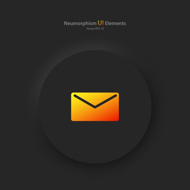 Ronde knop met het berichtsymbool op een zwarte achtergrond Gebruikersinterface-elementen in de stijl van neumorphism UX Ui