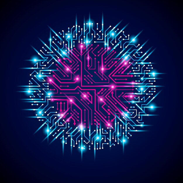 Ronde lichtgevende blauwe printplaat met elektronische componenten van technologie-apparaat. Computer moederbord cybernetische vector abstractie met flitseffect en pijlen.