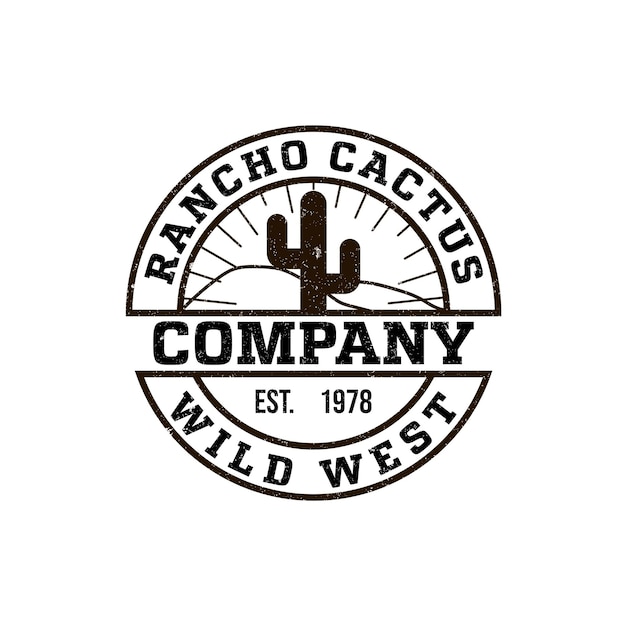 Ronde logo ranch met een afbeelding van een cactus. Vintage stijl, armoedige achtergrond, monochrome kleuren. het embleem van het wilde westen