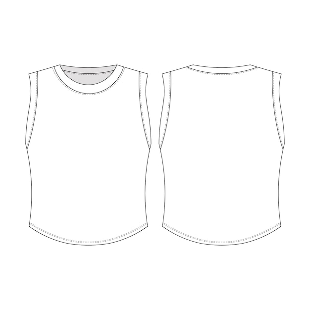 ronde nek crew nek mouwloze korte tank top blouse sjabloon technische tekening platte schets cad moc