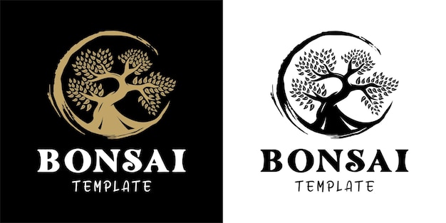Ronde penseelstreek, bonsai boom logo ontwerpsjabloon inspiratie