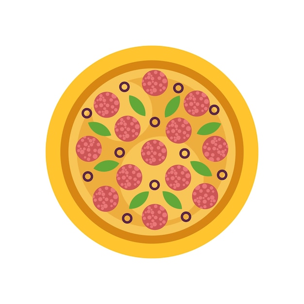 Ronde pizza met pepperoni olijven en groene basilicum bladeren traditionele Italiaanse keuken Cartoon vectorillustratie geïsoleerd op een witte achtergrond Street food element voor mobiele app of café menu