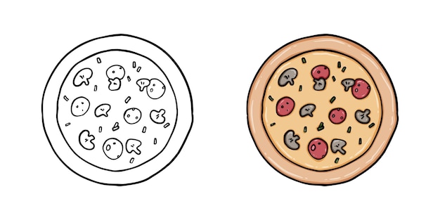 Ronde pizza met worst, champignons en kruiden fastfood doodle lineaire cartoon kleuren