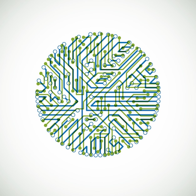 Ronde printplaat met elektronische componenten van technologie-apparaat. computer moederbord cybernetische kleurrijke vector abstractie.