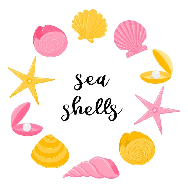 Ronde roze geel frame van mariene waterdieren spiraal schelpen nautilus zeester parel clam platte cartoon stijl vectorillustraties geïsoleerd op een witte achtergrond