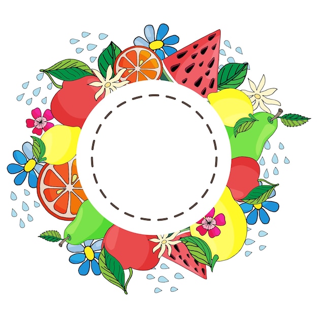 Ronde sticker met zomerfruit en bloemen