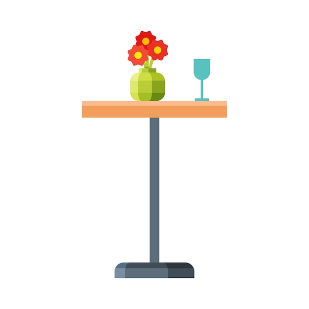 Vector ronde tafel met vaas met rode bloemen moderne tuinmeubelontwerp platte vectorillustratie