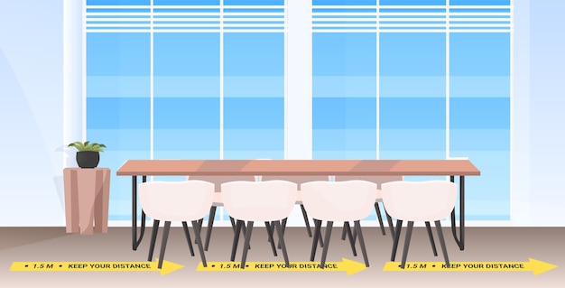 Ronde tafel vergaderzaal met borden voor sociale afstand nemen gele stickers coronavirus epidemie bescherming