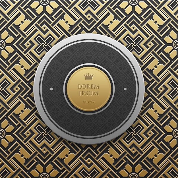 Ronde tekst banner sjabloon op gouden metallic achtergrond met naadloze geometrische patroon. Elegante luxe stijl.