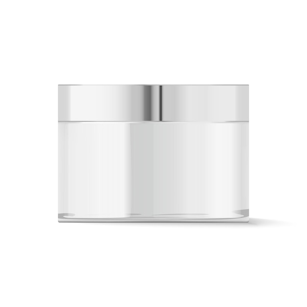 Vector ronde witte plastic pot met metalen deksel voor cosmetica lichaamscrème boter scrub badzout gel