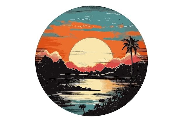 Ronde zonsondergang strand vector illustratie voor t-shirt