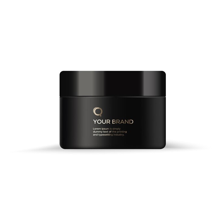 Ronde zwarte plastic pot met zwart deksel met logo voor cosmetica