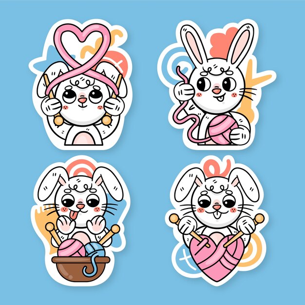 Vector ronnie the bunny knitting stickers collection