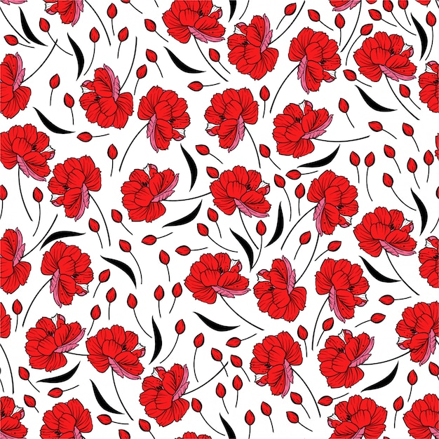 Rood bloeiend bloemenpatroon. Botanische motieven verspreid willekeurig. Naadloze patroon textuur.