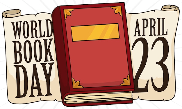 Vector rood boek met leren omslag op oude boekrollen met groeten en datum om wereldboekdag te vieren