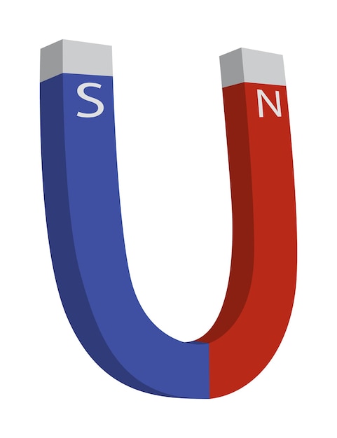 Vector rood en blauw magneetpictogram met twee polen noord en zuid geïsoleerd op wit. magnetisme, magnetiseren, attractieconcept. macht symbool.