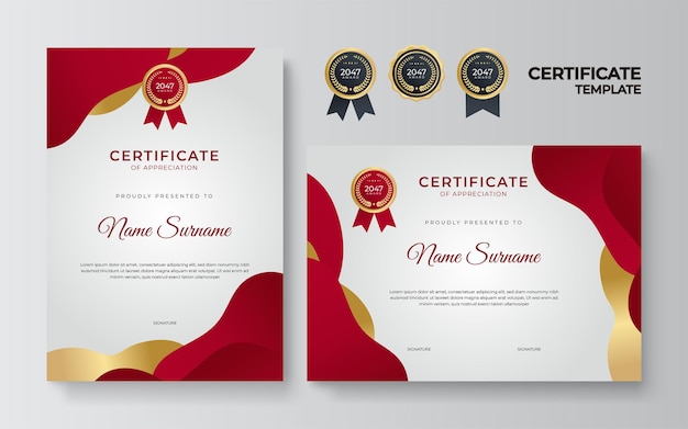 Rood en goud certificaat van prestatie grens sjabloon met luxe badge en modern lijnpatroon. voor prijs-, bedrijfs-, organisatie-, bedrijfs- en onderwijsbehoeften