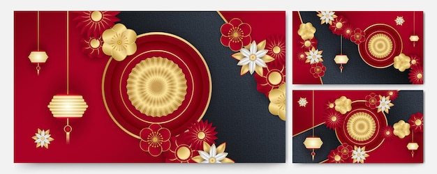 Rood en goud gelukkig chinees nieuwjaar festival banner achtergrondontwerp. chinese china rode en gouden achtergrond met lantaarn, bloem, boom, symbool en patroon. rode en gouden papercut chinese sjabloon