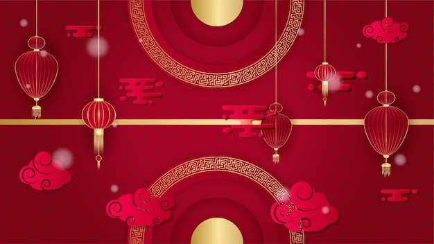 Rood en goud gelukkig chinees nieuwjaar festival banner achtergrondontwerp. chinese china rode en gouden achtergrond met lantaarn, bloem, boom, symbool en patroon. rode en gouden papercut chinese sjabloon