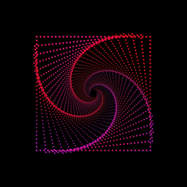 Rood en roze gestippeld spiraalvormig vortexvierkant op een zwarte achtergrond. Squarish swirl patroon stippen vector.