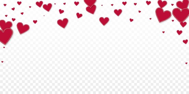 Vector rood hart liefde confetti. valentijnsdag vallende regen uitzonderlijke achtergrond. vallende gestikte papieren harten confetti op transparante achtergrond. elegante vectorillustratie.