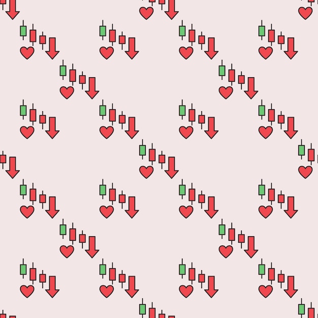 Rood hart met vallende kaarsen grafiek vector Emotionele verbinding met handel gekleurde naadloze patroon