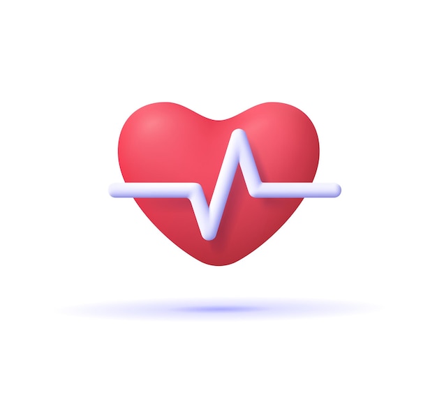 Rood hart met witte pulslijn op witte achtergrond. hartslag, alleen hartslag, cardiogram. gezonde levensstijl, cardiale hulp, hartslagmeting, medisch zorgconcept. 3d-vector pictogram.